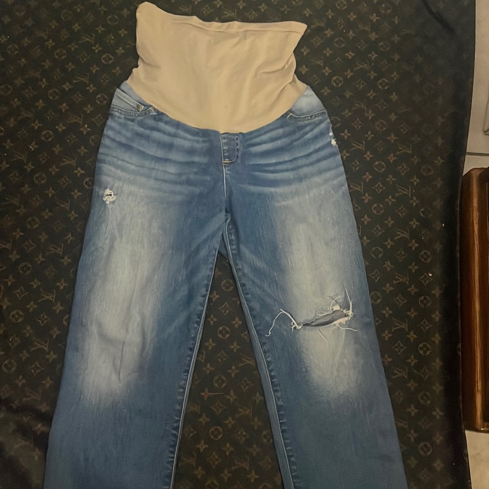 indigo blue maternity stretch denim distressed jeans